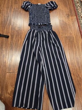 Japna Girls Navy and White Striped Wide-Leg Jumpsuit Sz 8 NWOT